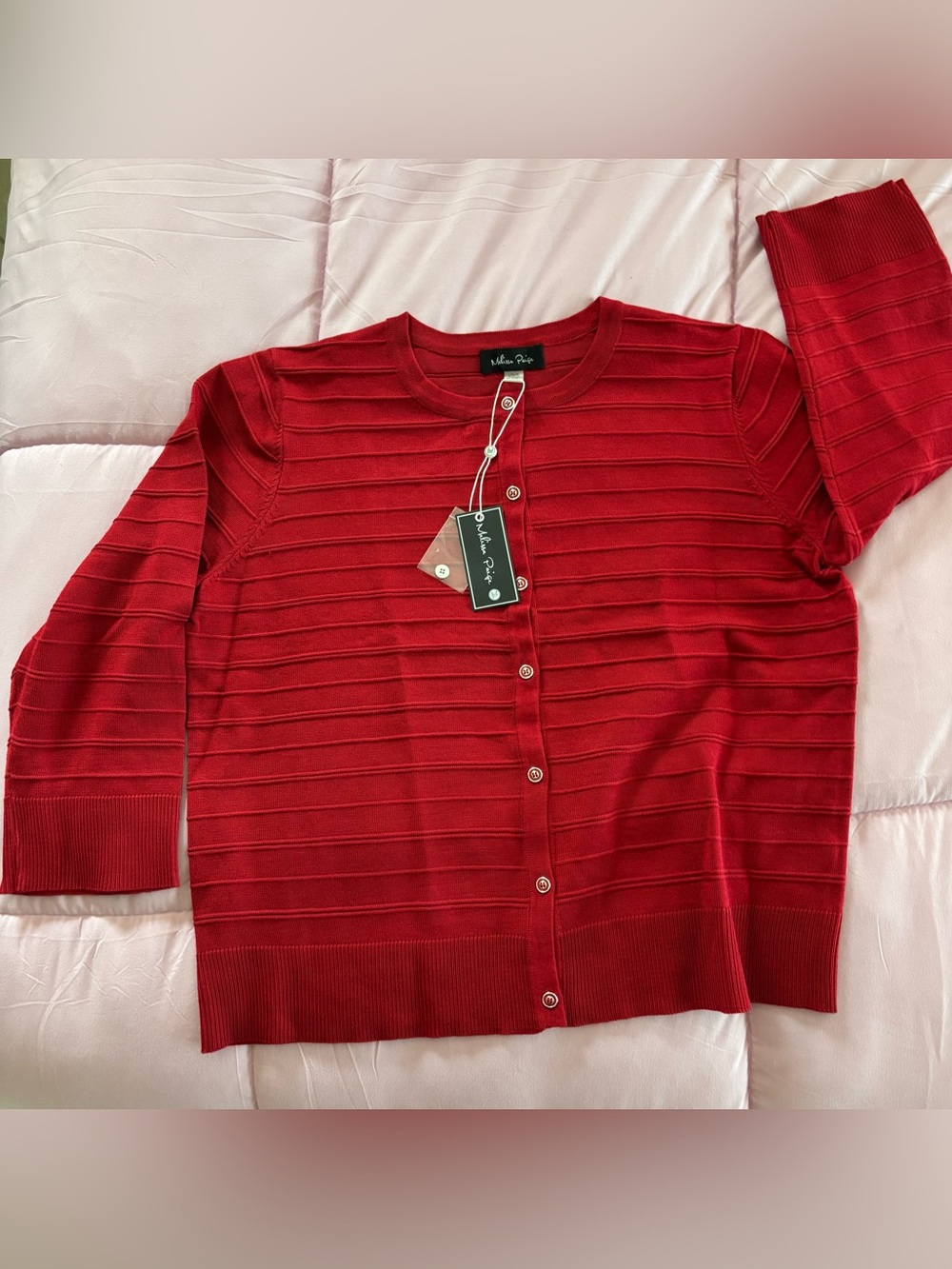 Melissa Paige Red Ribbed Button-Up Knit Top